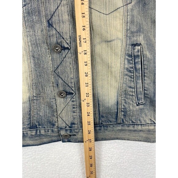 FUSAI Jean Jacket Men’s Size M Blue Distressed Stretch Denim Button Front - Picture 5 of 8